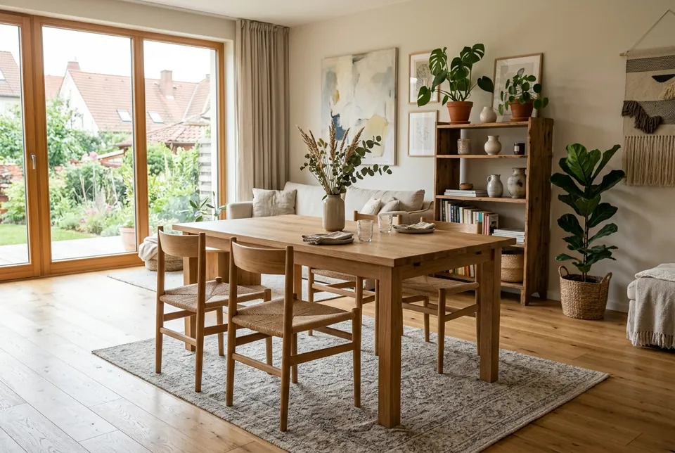 Image de gemini-3.1-flash-image : une table de salle à manger en bois avec quatre chaises sur un tapis, dans un salon lumineux avec des plantes et une porte vitrée donnant sur le jardin.