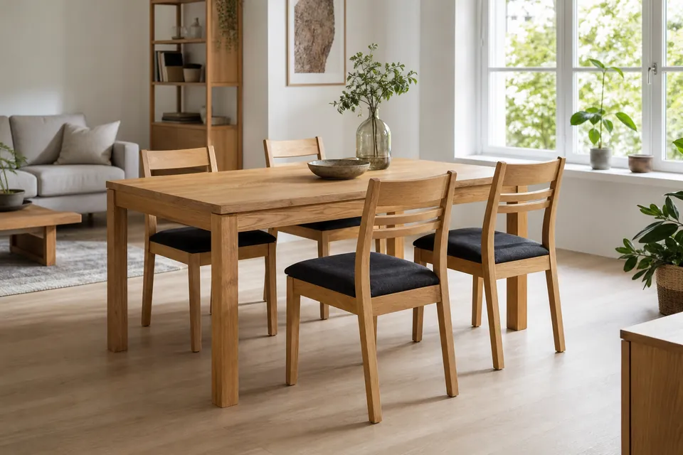 Image de gpt-image-2 : une table de salle à manger en chêne avec quatre chaises aux coussins d’assise sombres, dans une pièce lumineuse, avec un canapé et une fenêtre à l’arrière-plan.