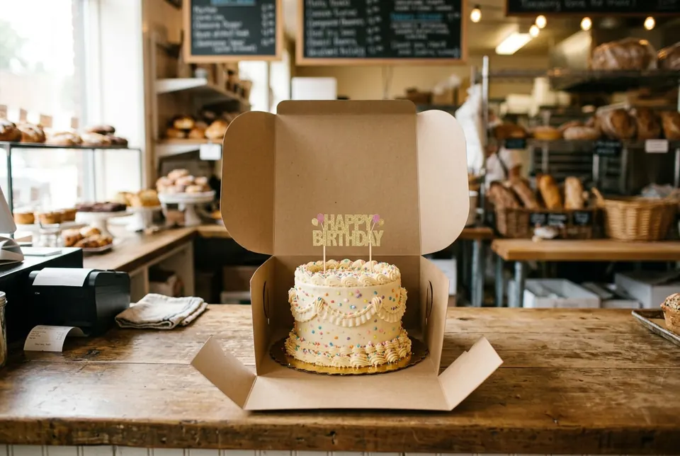 Image de gemini-3.1-flash-image : un petit gâteau d’anniversaire avec un décor « Happy Birthday » dans une boîte en carton ouverte, sur le comptoir d’une boulangerie, avec des menus sur ardoise à l’arrière-plan.