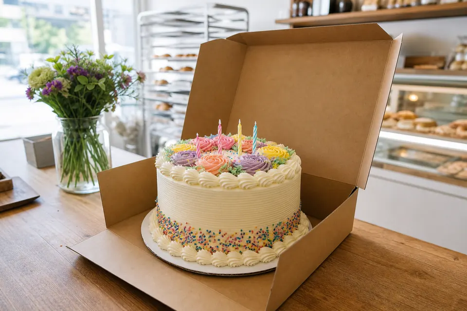 Image de gpt-image-2 : un gâteau d’anniversaire avec des bougies et des fleurs à la poche dans une boîte en carton ouverte, sur un comptoir en bois dans une boulangerie lumineuse.