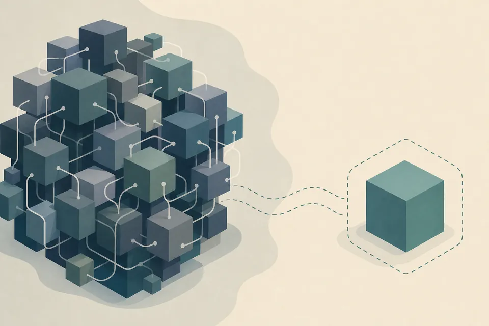 Image de gpt-image-2 : un amas dense de cubes gris et verts reliés par des lignes, et un cube vert séparé dans un contour en pointillés, relié par une ligne en pointillés.