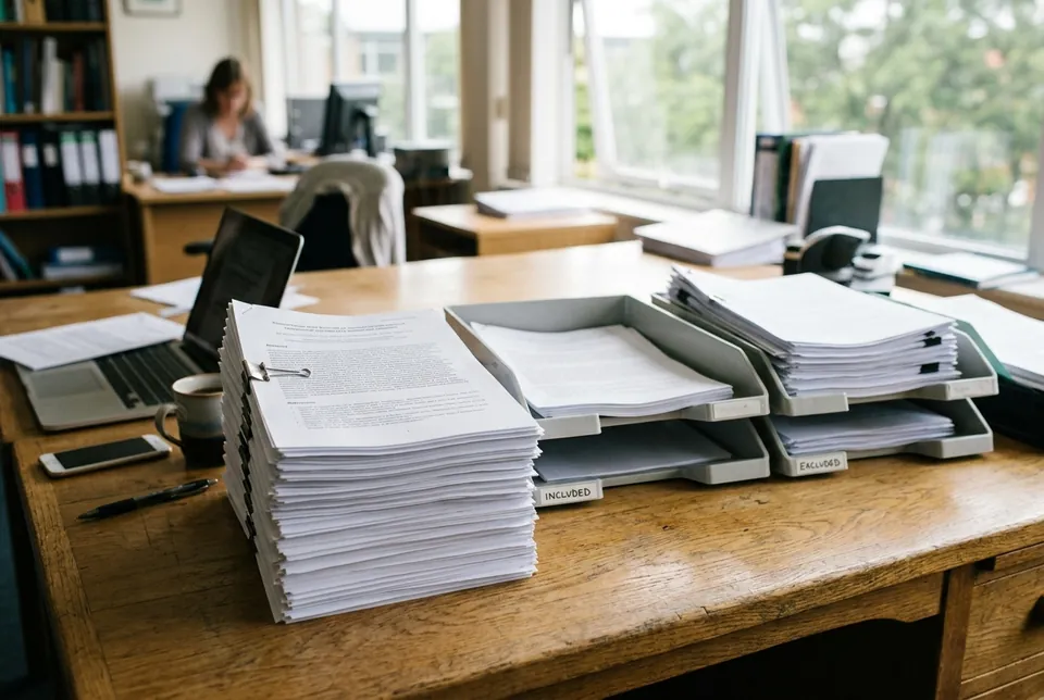 Image de gemini-3.1-flash-image : des piles de papiers imprimés et des bacs de tri étiquetés sur une table de travail en bois dans un bureau, avec une personne qui travaille à son poste à l’arrière-plan.