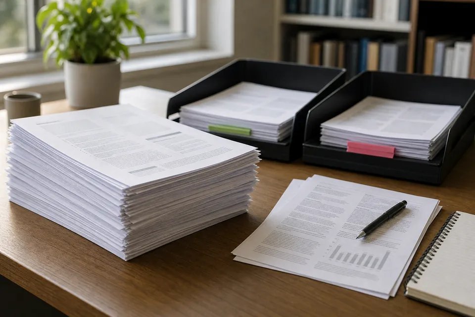 Image de gpt-image-2 : une grande pile de résumés imprimés sur un bureau en bois, à côté de deux bacs noirs de papiers triés, d’un stylo et d’un carnet.