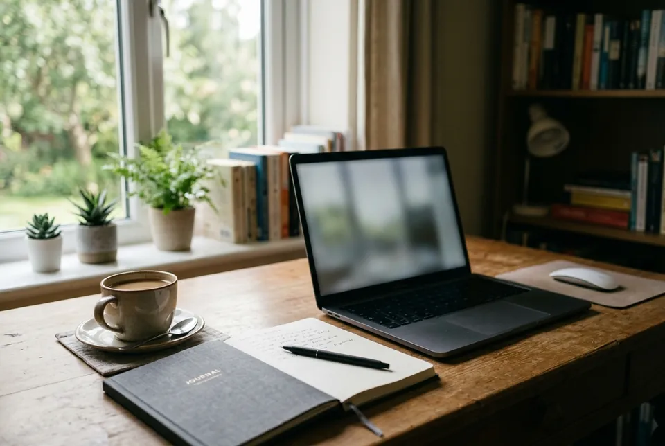 Image de gemini-3.1-flash-image : un bureau en bois près d’une fenêtre, avec un ordinateur portable ouvert à l’écran flou, une tasse de café sur une soucoupe, un carnet et un stylo.