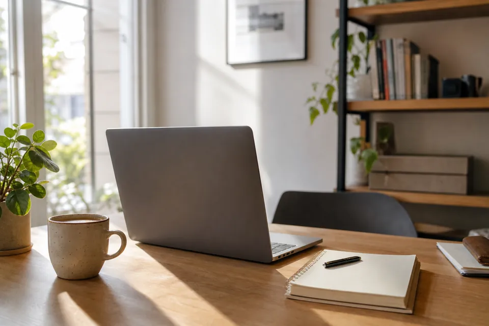 Image de gpt-image-2 : un ordinateur portable vu de dos sur un bureau en bois dans une pièce lumineuse, avec une tasse de café, un carnet fermé et un stylo, et des étagères à l’arrière-plan.